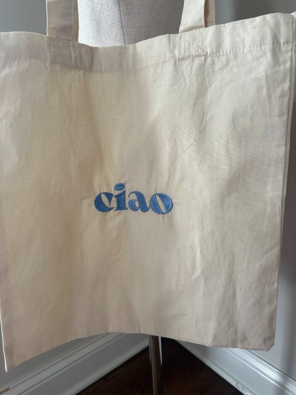 Ciao Blue Embroidered Shoulder Market Canvas Tote Bag Travel Italy New 15" x 16"